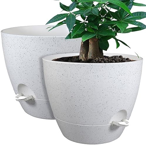 UOUZ 12inch 2Pack Large Self Watering Planters, Plastic Plant Pots with 60oZ Removable Deep Reservoir and Multi Mesh Drainage Holes for Indoor Outdoor Garden Plants and Flowers, White Speckles by UOUZ