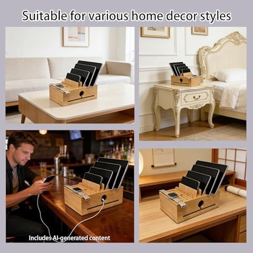 Bamboo Charging Station Organizer for Multiple Devices with 5 Cables - Image 5