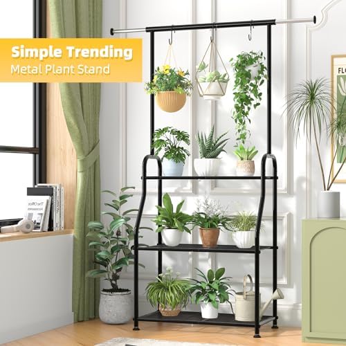Simple Trending Plant Stand Indoor Outdoor, Heavy Duty Metal 3 Tiered Hanging Plant Shelf for Multiple Flower Planter Holder Tall Large Rack for Living Room Garden Balcony, Black - Image 4