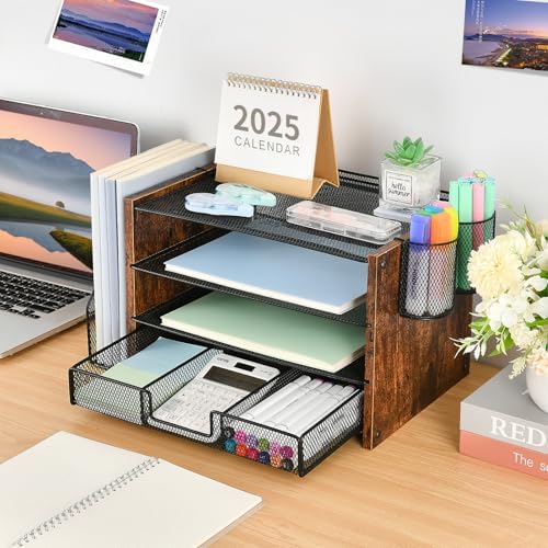 OPNICE Desk Organizer, 4-Tier Desktop File Organizer with Drawer and Pen Holders, Office Desk Accessories, File Sorters, Workspace Organizers for Office Supplies(Brown Wood) - Image 6