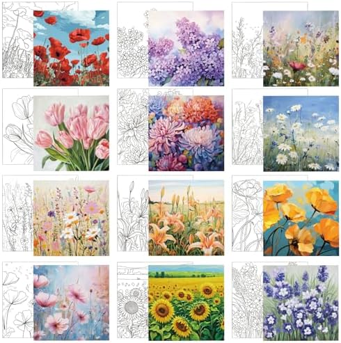 Affrolling 12 Pcs Pre Drawn Canvas for Painting for Adults 8 x 8 Inch Canvas Painting Kits Stretched with Drawing Ready to Paint Beginner Artists Date Night Party Supplies(Flower) by Affrolling