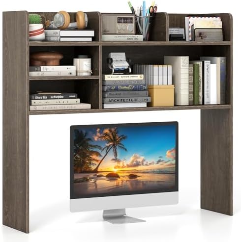 Giantex Desktop Bookshelf, 37" Desk Hutch Dorm for Computer Up to 32 Inch, Countertop Hutch w/6 Storage Shelves, 3-Tier Desktop Organizer Display Rack, Wood Desk Shelf for Home Office (Grey Oak) by Giantex