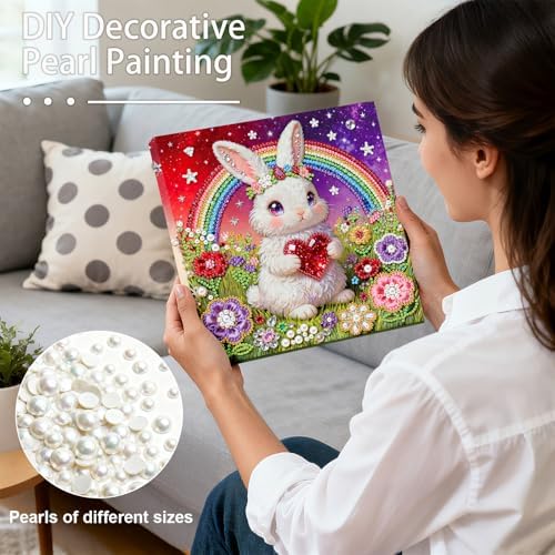ARTopet DIY Pearl Painting Kit with Frame Gemstone Pearl Diamond Dots Beads Canvas Art Craft for Adult Beginners Display for Tabletop and Wall Mounting Home Decor-Rabbit - Image 3