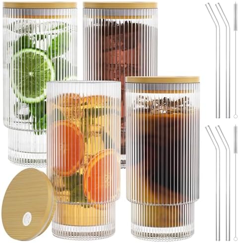16OZ Ribbed Glass Cups with Lids and Straws,Iced Coffee Cups with Bamboo Lid,Vintage Glassware for Whiskey Cocktail Beer Fruit Juice Glasses Tumbler(4 Pack) by AFINSEA
