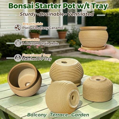 MUZHI Rustic 4 inch Bonsai Plant Pot with Bamboo Tray Set of 4, Unglazed Ceramic Succulent Cactus Pot Indoor Outerdoor with Drainage Hole - Image 3