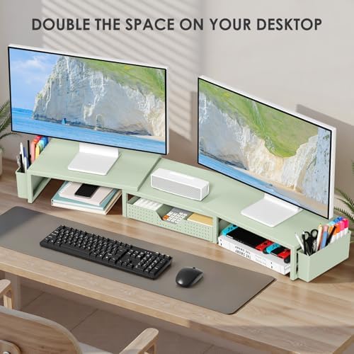 OPNICE Desk Organizers and Accessories, Dual Monitor Stand Riser with Drawer and 2 Pen Holders, Desk Shelf Printer Stand for Office Workspace Organizers, Desktop Organization (Sage Green) - Image 4