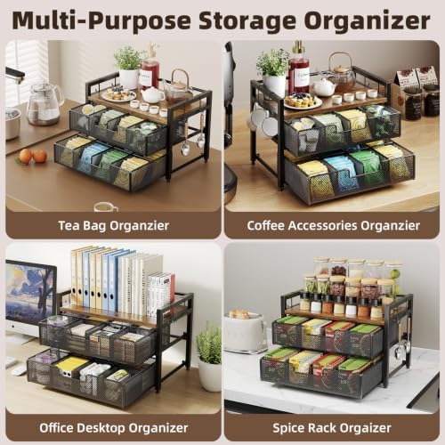 Tea Bag Organizer with 2 Drawers, 3 Tier Tea Bag Holder with Mug 4 Hooks - Image 3