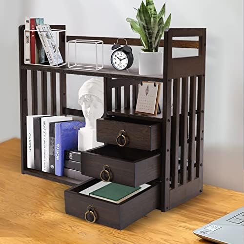 Bamboo Bookshelf Desktop Organizer,Large Capacity Wood Desk Rack,Book Storage Shelves w/3 Drawers for Office Supplies,Home Decor,Bedroom,Dormitories (Walnut) - Image 6