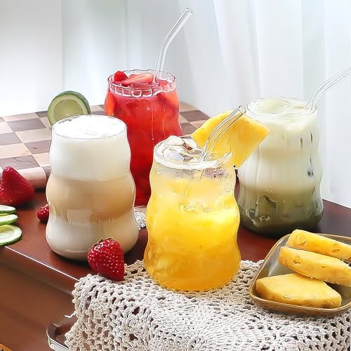 4 Pcs Ribbed Glass Cups, Vintage Drinking Glassware with Glass Straw 18 Oz Bubble Iced Coffee Cup for Juice, Tea, Beverage, Milk, Beer, Cocktails Ideal for Gift by Pletmin