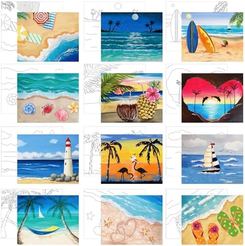 Affrolling 12 Pcs Pre Drawn Canvas for Painting for Adults 8 x 8 Inch Canvas Painting Kits Stretched with Drawing Ready to Paint Beginner Artists Date Night Party Supplies(Beach) by Affrolling
