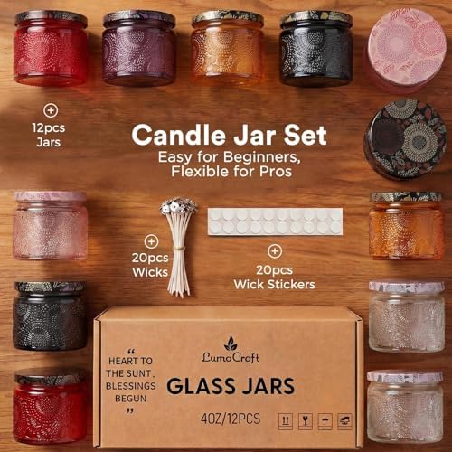 LumaCraft Luxury Embossed Glass Candle Jars for Making Candles - 12 Pack Empty Candle Containers with Lids, 20 Wicks & 20 Stickers, Colored Glass Jars for Gifts & Decor-4oz - Image 2