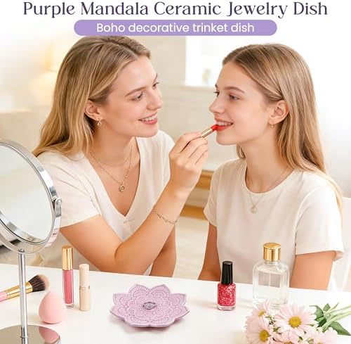 PUDDING CABIN Purple Mandala Jewelry Dish | 4.3-Inch Boho Home Decor | Ceramic Ring Dish Trinket Tray for Rings & Earrings | Wedding & Bridal Shower Mother Day Birthday Gift for Women - Image 5