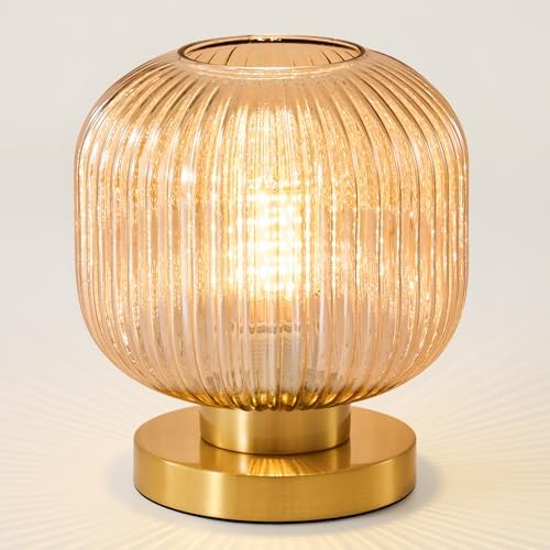 Amber Glass Table Lamp,Vintage Gold Base Ribbed Bedside Lamp by FeaseyFeaturedProducts