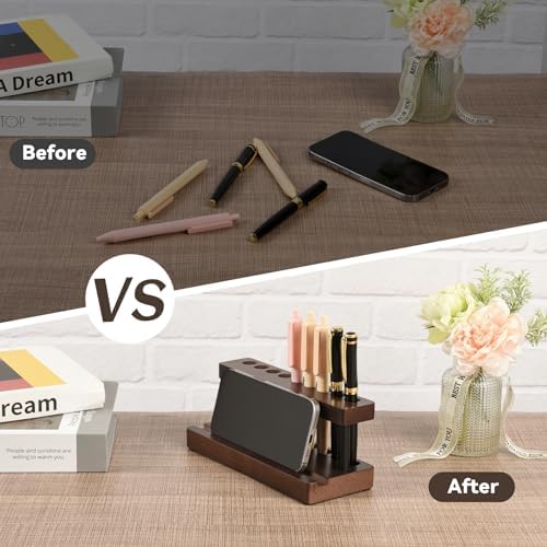 Wooden Pen Holder for Desk, Wood Pencil Holder Fountain Pens Display Stand with 9 Slots and Phone Holder, Stylish Office Desk Decor, Pen Organizer for Office, Home - Image 5