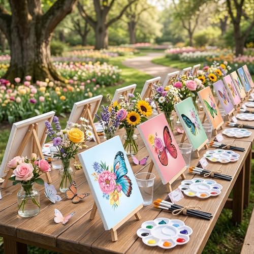Cholemy 99 Pcs 16 Set Sip and Paint Kit for Adults 8"x 10" Pre Drawn Canvas Painting with Wooden Easel Pre Printed Canvas Painting Favor for DIY Birthday Gifts Adult's Date Party (Butterfly) - Image 2