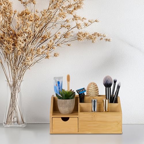 Relaxdays Desk Organiser with Drawer, 6 Compartments, Natural - Image 5