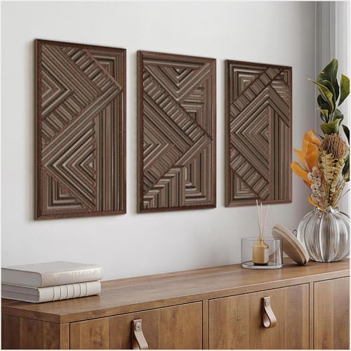 VIYYIEA Boho Solid Wood Carved Wall Art Set of 3, Geometric Minimalist Wooden Home Decor Panels, Handcrafted Solid Wood Wall Hanging for Living Room Bedroom Hallway, 16 x 8 Inch Each (Geometry II) by VIYYIEAART