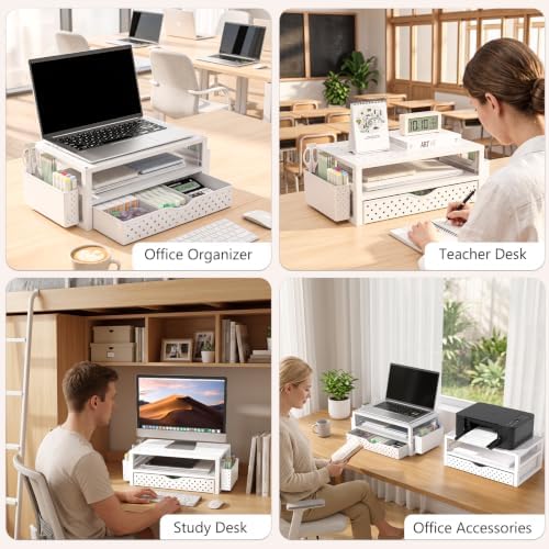 WALI Desk Organizer with Drawer and Pen Holder, 3 Tier Computer Monitor Stand for Home Office Supplies, Laptop Stand Riser for Computer, Laptop, Printer(PTT004-W), 1 Pack, White - Image 3