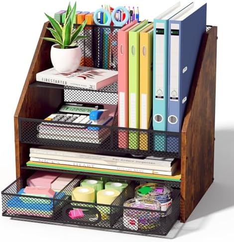Homsorout Wooden Desk Organizer - Mesh File Organizer with Drawers and Pen Holder - 4-Tier Vertical Paper Letter Storage Tray, Desktop Organizers and Accessories for Home Office by Homsorout