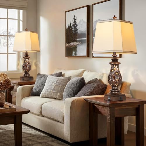 PARTPHONER 29" Table Lamps Set of 2, Bedside Lamps with USB A+C Ports & Night Light, Farmhouse Nightstand Lamps with Faux Silk Shades for Bedroom Living Room, Vintage Brown (LED Bulbs Included) - Image 6