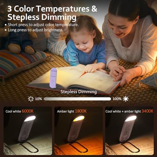 Akomid USB Rechargeable Book Light for Reading in Bed, 8 LEDs Bookmark Style Clip on, Eye-Cared Amber Light Mode for Kids, Blue Light Blocking, Stepless Dimming, Purple - Image 4