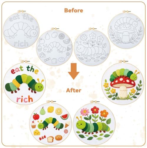BEUNITONE 4 Set Embroidery Kits for Beginners with Easy Caterpillar Pattern, DIY Craft Kits Include Instructions and 2 Embroidery Hoops, Cross Stitch Needlepoint Kits for Craft Lover and Home Decor - Image 4