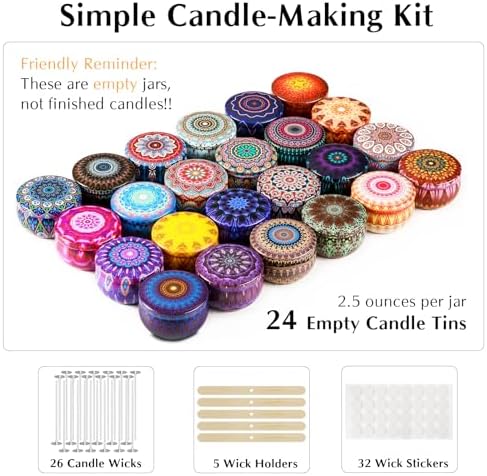 Domivirgo 24 Empty Candle Tins 2.5 oz with Lids - Simple Candle-Making Kit, Includes 26 Wicks, 5 Holders & 32 Stickers, Multi-Purpose Storage Containers for Crafts & Small Items (2.5oz) - Image 2