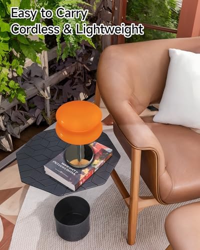 Cordless Orange Mushroom Lamp, Mid Century Modern Glass Lamp 6000mAh Rechargeable Small Table Lamps, Cute Cool Desk Lamps for Living Bedroom Nightstand Home Decor Aesthetic - Image 5