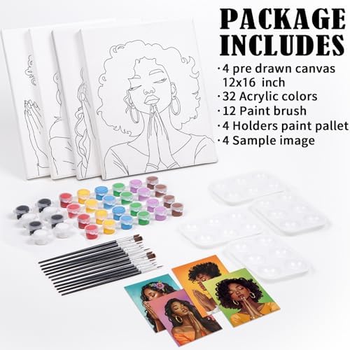 VOCHIC 4 Pack Sip and Paint Kit for Adults,Pre Drawn Canvas for Painting Party Supplies Girls Night Games Couples Paint Art Set Pray Girl 12x16 in - Image 6