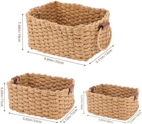 Small Wicker Rope Baskets Set of 3, Eco-Friendly Soft Woven Storage Organizing Baskets with Handle, Decorative Square Basket for Home, Shelves, Bathroom ﻿ - Image 2
