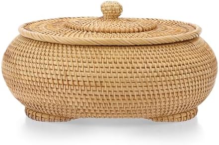 Hipiwe Round Rattan Boxes with Lid, X-Large Woven Wicker Bread Basket Bin by Hipiwe