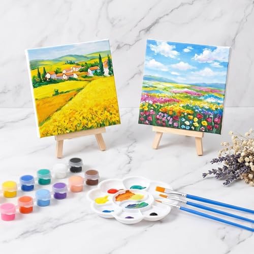 12 Sets Canvas Painting Kit, Canvas and Easel Set Bulk, Mini Canvas Panels and Easel Painting Kit, 12 Colors Acrylic Paint Strips, 24 Brushes, 12 Palettes for Beginners Adults Kids Party Favors - Image 7