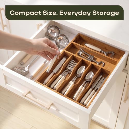 ROYAL CRAFT WOOD Luxury Bamboo Utensil Rack and Silverware Organizer, Kitchen Drawer Organizer - Utensil Holder and Cutlery Tray with Grooved Drawer Dividers for Flatware 7 Slot - Image 3