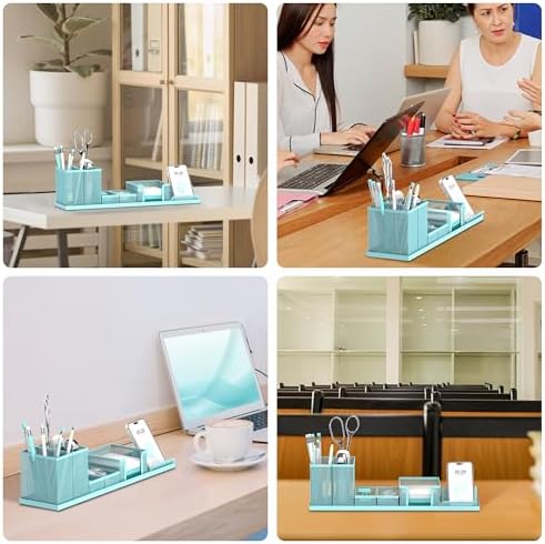 Pen Holder for Desk, 6-Piece Mesh Desk Organizer with Phone Holder, Blue - Image 7