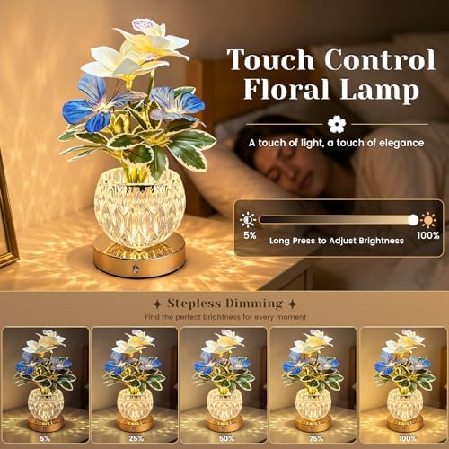 Flower Table Lamp, 3 Colors Touch Stepless Dimming Orchid Night Light, Rechargeable Artificial Flower Light, LED Flower with Vase Lamp Romantic Decor for Date Party Home (White - Cymbidium) - Image 2