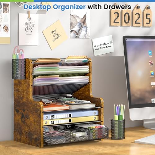 DAOUTIME 6-Tier Mesh Desk Organizer with Drawer, Wooden Office Organizer for Papers, Folders & Office Supplies - Sturdy Desktop File Holder with 2 Pen Holders - Space Saving Home Office Accessories - Image 3
