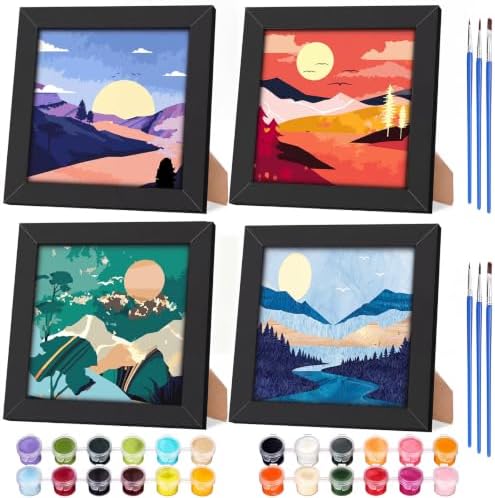 Novabright 4 Sets Paint by Numbers for Adults Beginners Landscape Paint Kit Framed Colorful Mini Easy Art with Canvas Acrylic Paints Brushes Board Sunset Lake Mountains for DIY Crafts Home Wall Decor by Unknown