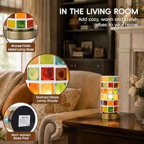 Mosaic Stained Glass Table Lamp for Bedroom Bedside, Bohemian Turkish Small Nightstand Lamp Night Light, Metal Base Round Colored Glass Shade Desk Lamp for Living Room Restaurant Bar (Bulb Included) - Image 4