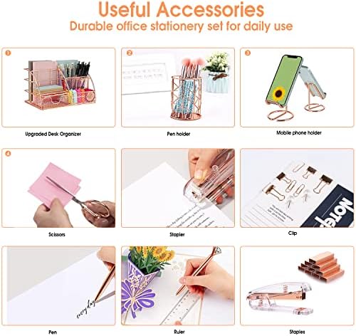 KAAKOW Rose Gold Desk Organizers and Accessories Office Supplies Set Stapler, Pen Holder, Phone Holder, Scissors, Pen, Ruler, 30 Paper Clips, 22 Binder Clip, 20 Tacks and 1000pcs Staples - Image 5