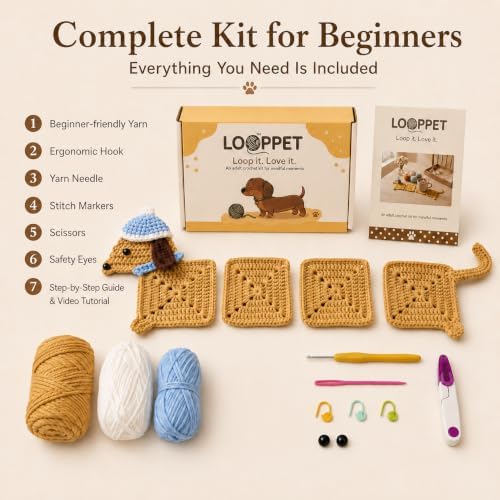 LOOPPET Crochet Kit for Beginners, DIY Dachshund Coaster Set - Image 2