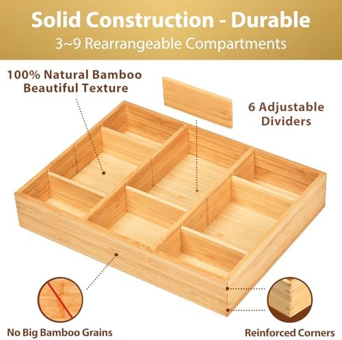 Umilife Bamboo Desk Drawer Organizer, Wood Junk Organizer Tray with Adjustable Dividers, Anti-Skip Storage Organization in Office Bathroom Drawer for Vanity, Makeup, 12" x 9" - Image 2