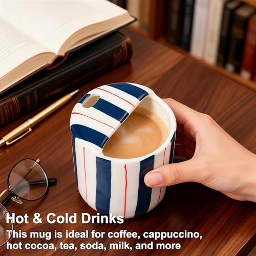 Ceramic Coffee Mug with Sip Hole 10oz Aesthetic Espresso Cup with Hand Painted Striped Coffee Mug for Kitchen Dining Travel (Blue, 1Pack) - Image 6