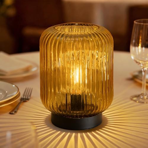 LUSHARBOR Battery Operated Lamp, Cordless Table Lamps for Home Decor, Battery Powered Nightlight with LED Bulb, Decorative Glass Beside Lamp for Bedroom Living Room-Gold by LUSHARBOR