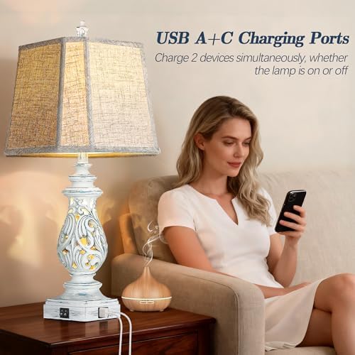 PARTPHONER 29" Table Lamps Set of 2, Bedside Lamps with USB A+C Ports & Night Light, Farmhouse Nightstand Lamps with Linen Fabric Shades for Bedroom Living Room, Washed Blue (LED Bulbs Included) - Image 4