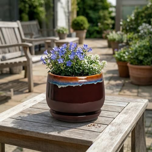 Ceramic Planter, 7 Inch Plant Pots with Drainage, Brown-Blue - Image 4