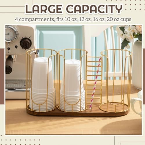 Geelin 18oz Adjustable Coffee Cup Dispenser with Wooden Base, Cup and Lid Holder, Cups Holder Organizer for Coffee Pod Straw and Lid Storage(4-compartment Single,Color 2) - Image 3