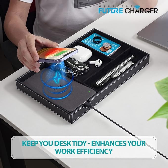Valet Tray, Built in Wireless Charging Pad, Nightstand Organizer - Image 3