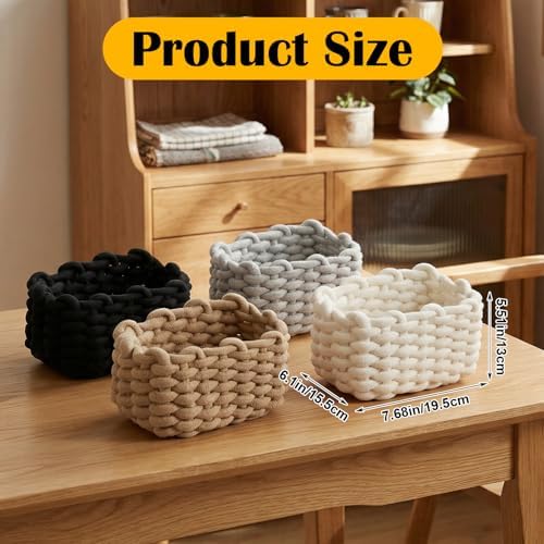 Small Woven Decorative Baskets, 4pcs Mini Cotton Rope Basket Set for Storage, Woven Square Baskets for Organizing, 7.68x6.1x5.51in, White/Light Gray/Light Brown/Black - Image 2