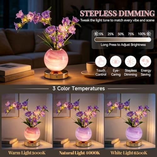 Purple Bellflower Flower Lamp, Rechargeable Cordless LED Floral Table Lamp - Image 2