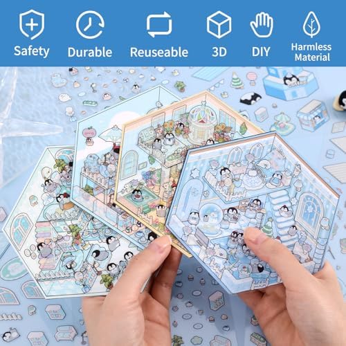 Girls 3D Miniature Scene Stickers, 4 Sets Penguin Holiday DIY House Stickers for Sweet World,Fun Beach,Flower Room,Home Diary, Cute 3D Cartoon Scene Stickers for Adult Kids Relief Stress Pass The Time - Image 2